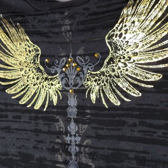 Express Womens Black Gold Y2K 2000s Burnout Abstract Script Graphic Top Small - Picture 6 of 10